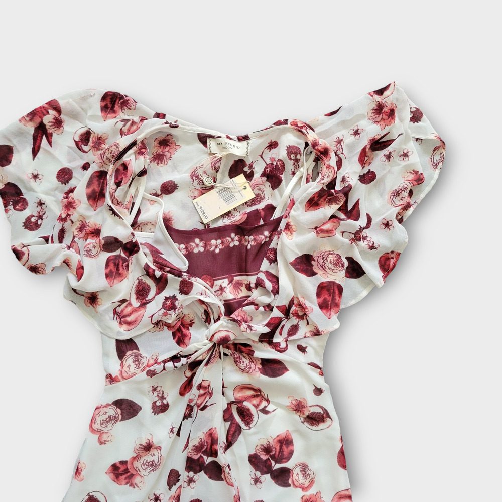 Max Studio London Floral-Print Ivory Burgundy Flounce Chiffon Dress Women Sz 0 - Picture 8 of 8